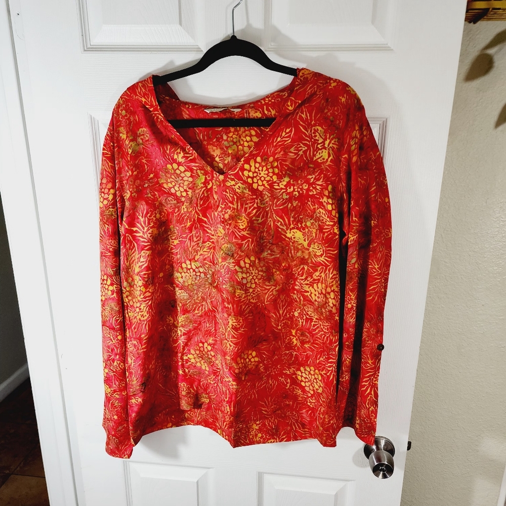Soft Surroundings Red & Gold V-Neck Floral Tunic